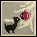 Cat with Christmas Tree Ornament, c. 1960's Christmas Cards