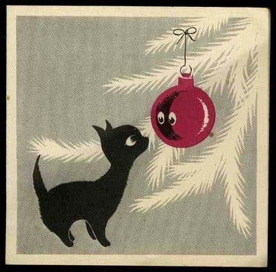 Cat with Christmas Tree Ornament, c. 1960's Christmas Cards