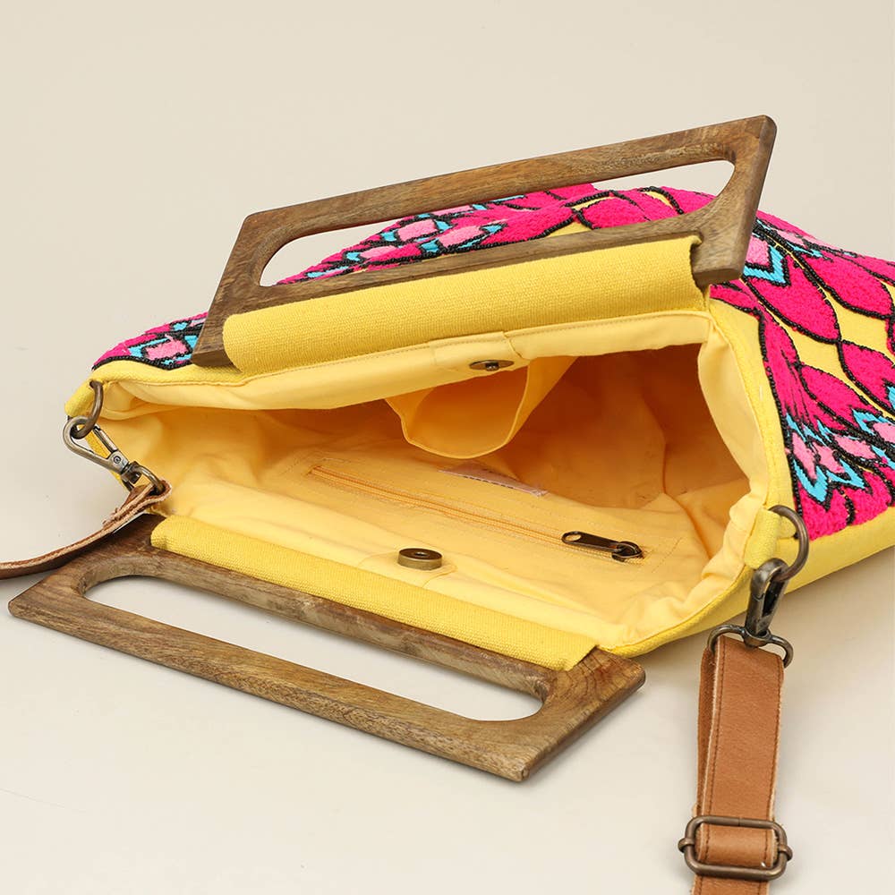 Boho Geometric Pattern Wooden Handle Tote / Crossbody Bag