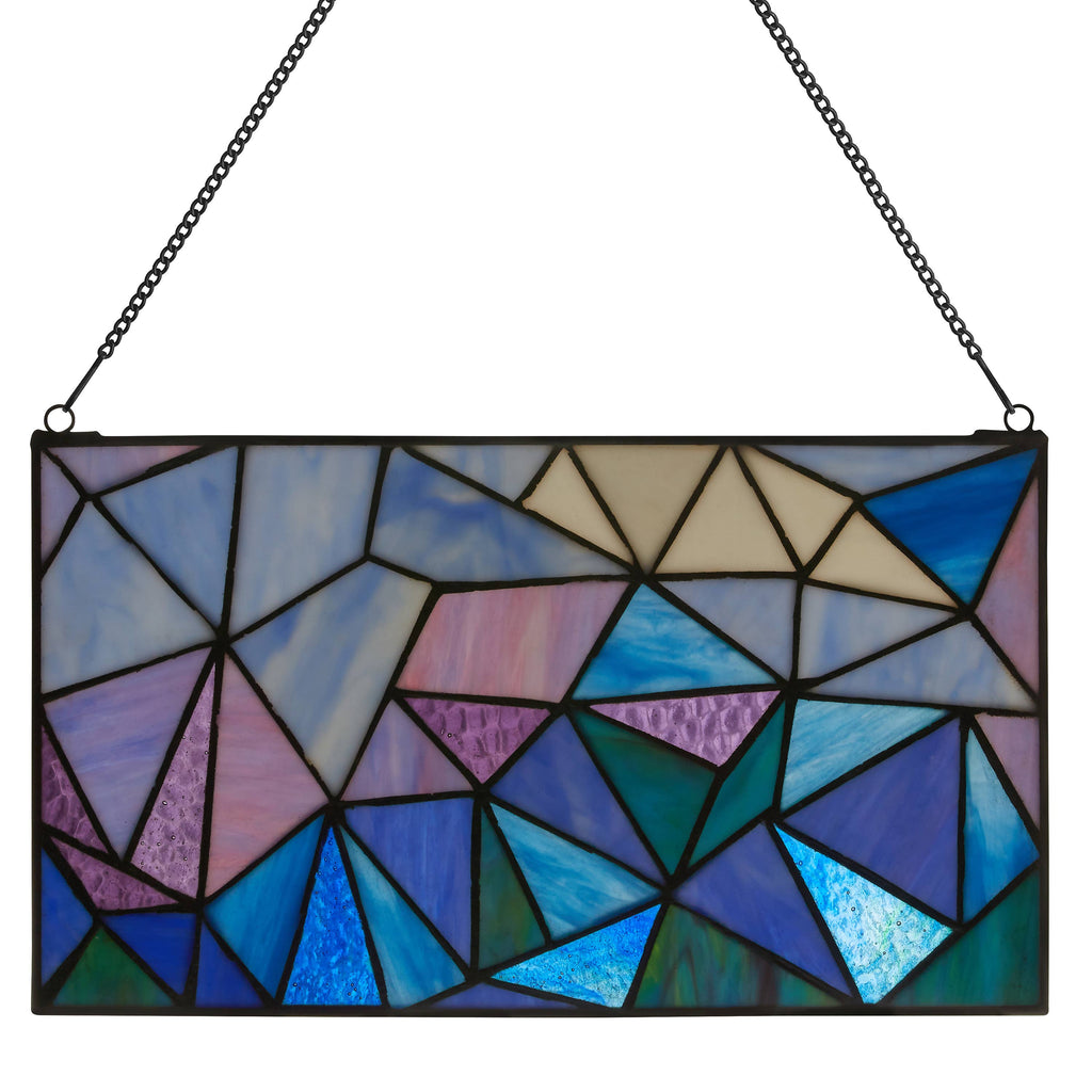 14"L Geometric Abstract Blue Stained Glass Window Panel