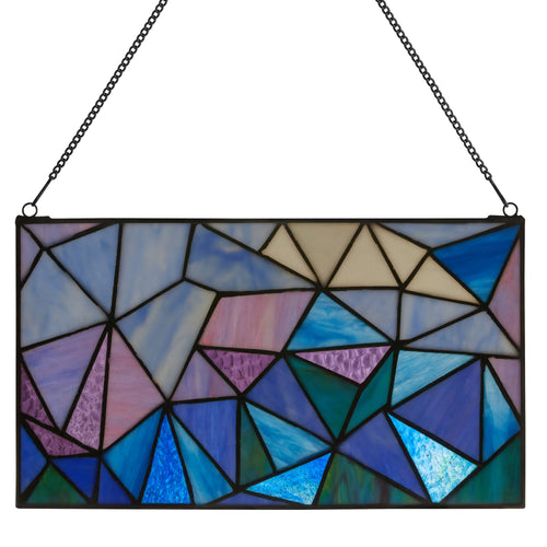 14"L Geometric Abstract Blue Stained Glass Window Panel