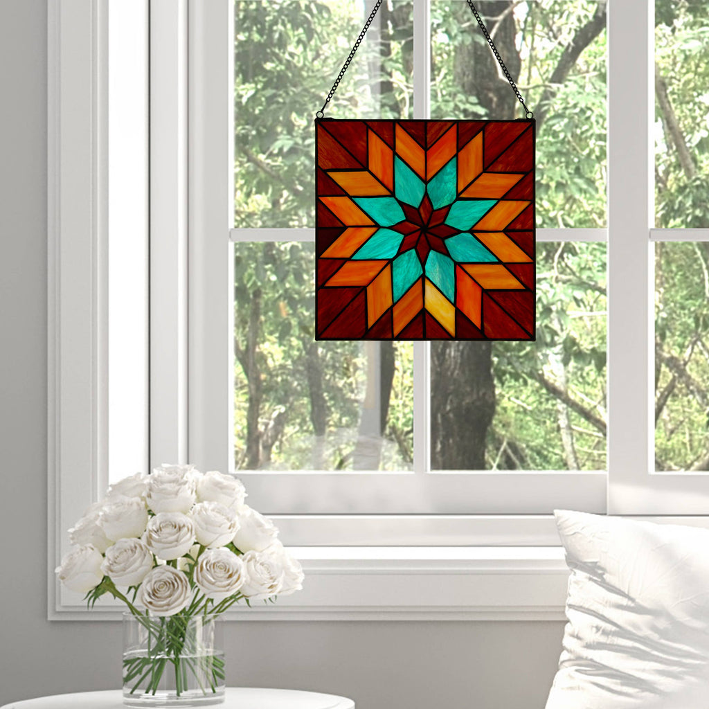 Red & Teal Quilt Square Stained Glass Window Panel