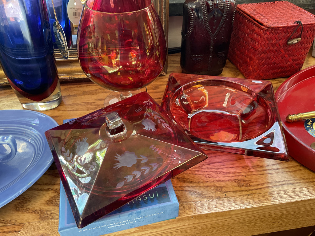 Cranberry Glass Covered Dish