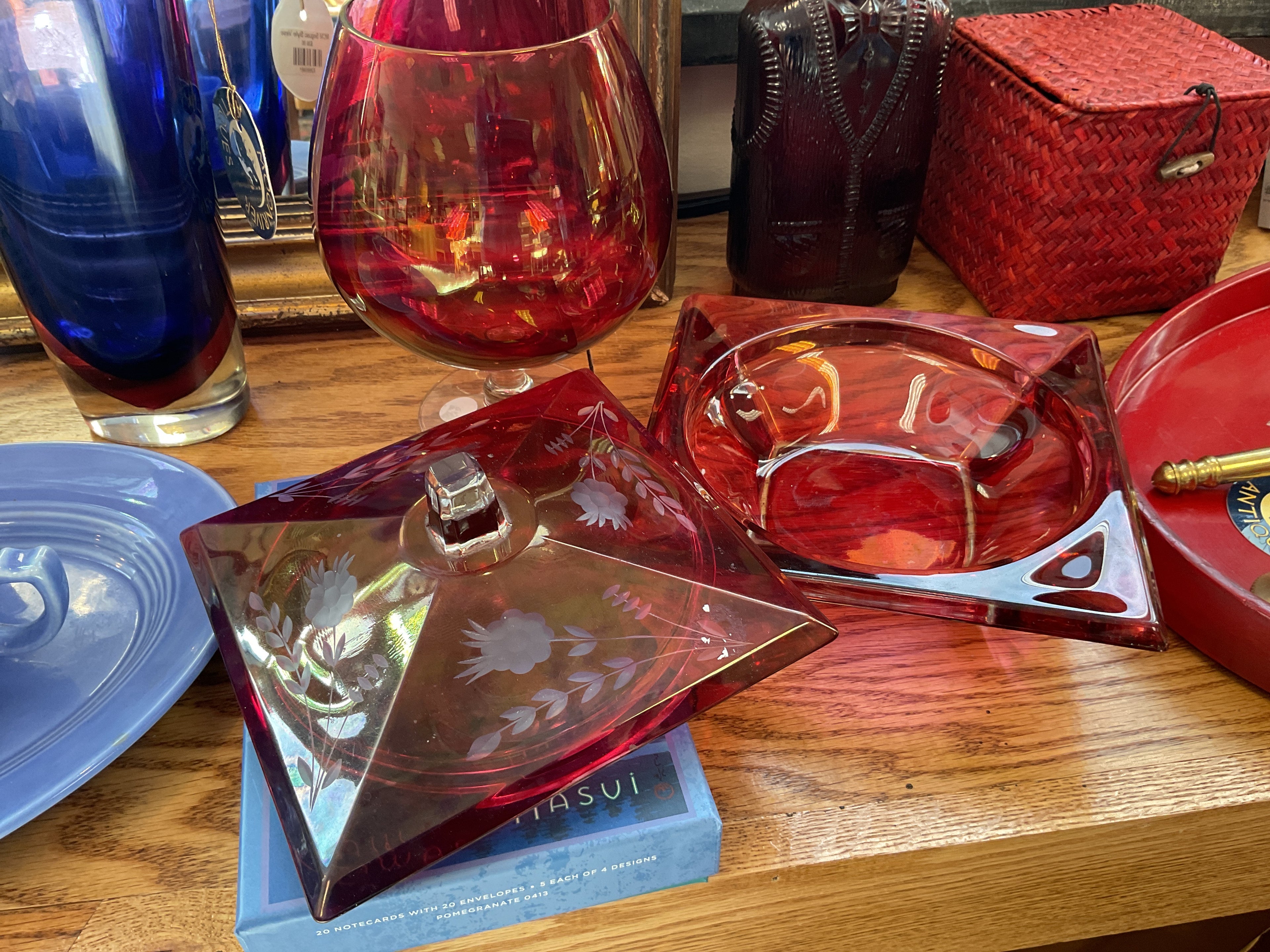 Cranberry Glass Covered Dish
