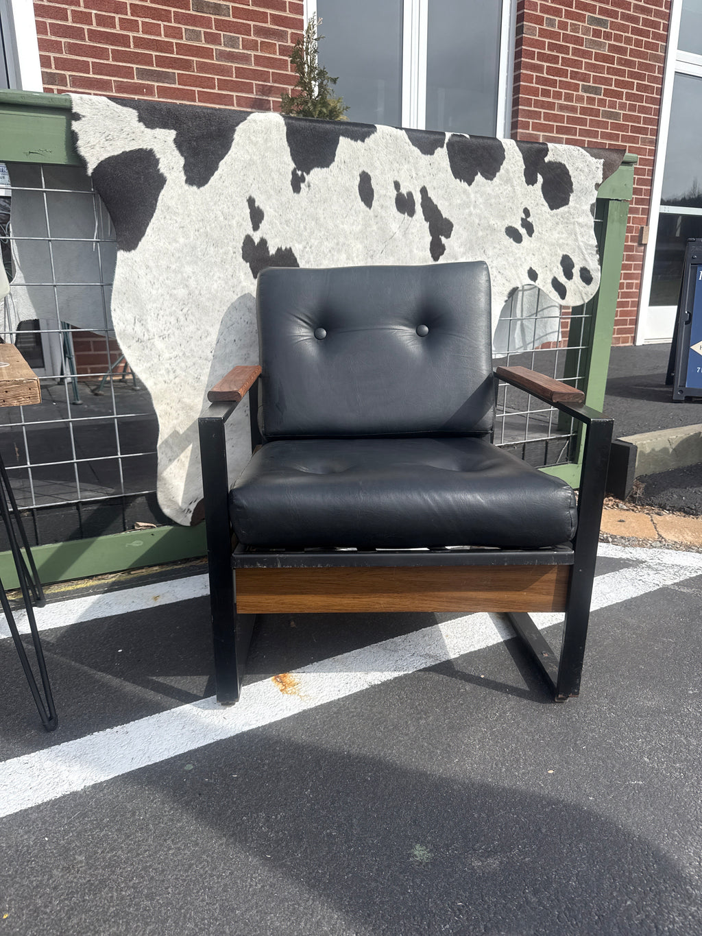 Modernist Vintage Black Metal & Wood Frame Lounge Chair