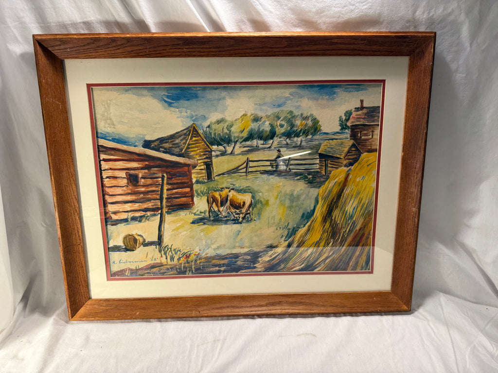 Watercolor Rural Farm Scene, signed