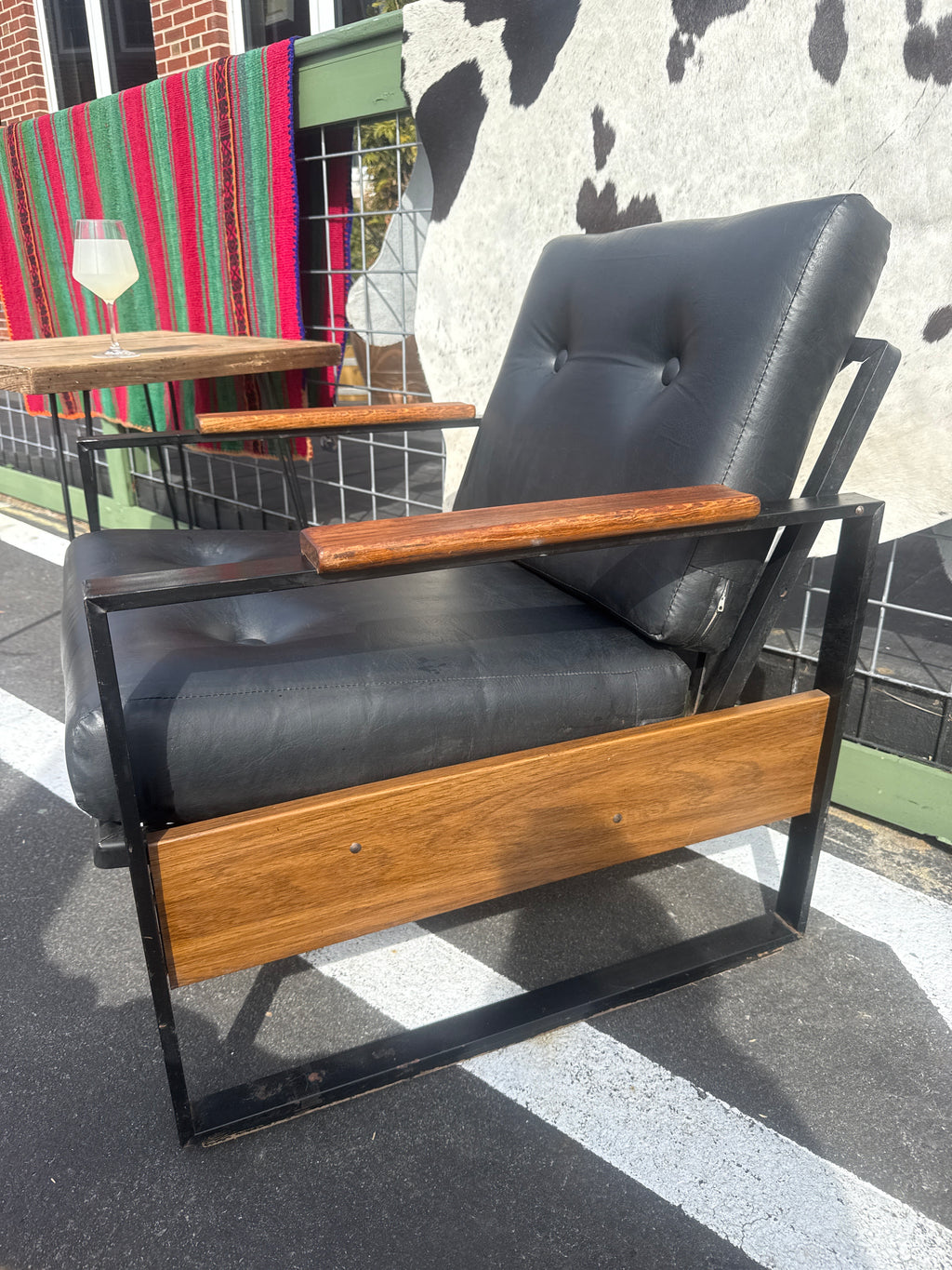 Modernist Vintage Black Metal & Wood Frame Lounge Chair