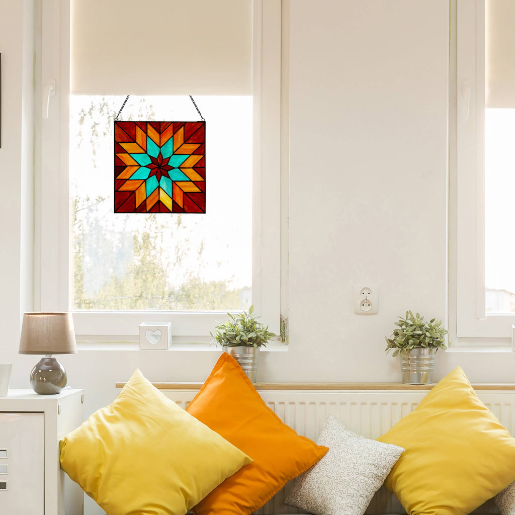 Red & Teal Quilt Square Stained Glass Window Panel
