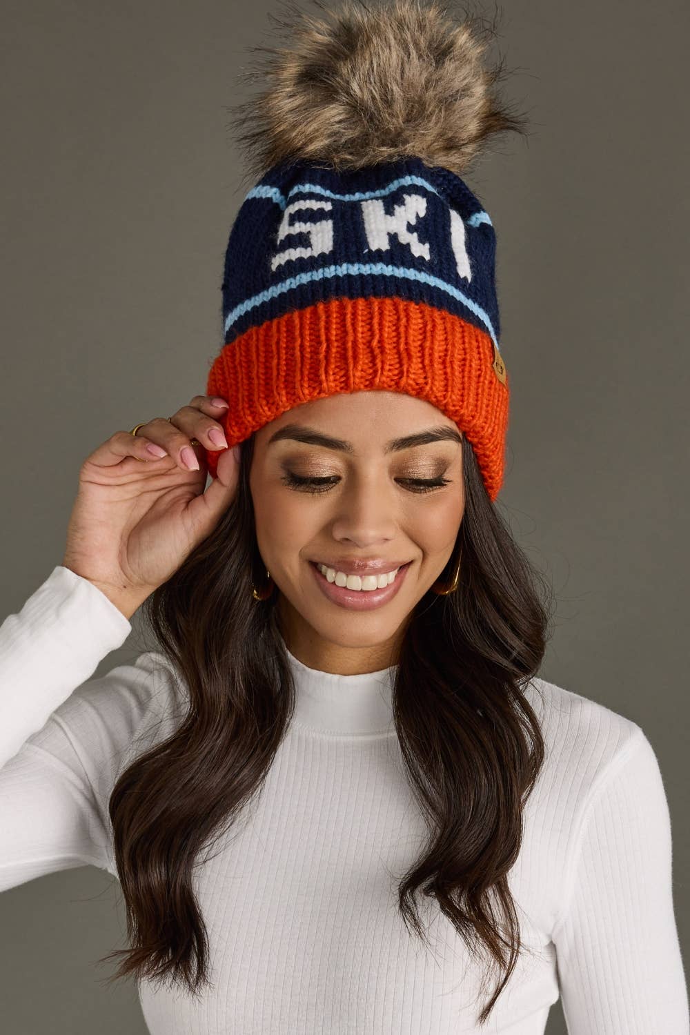 Orange, Navy & Lt. Blue Ski Pom Hat