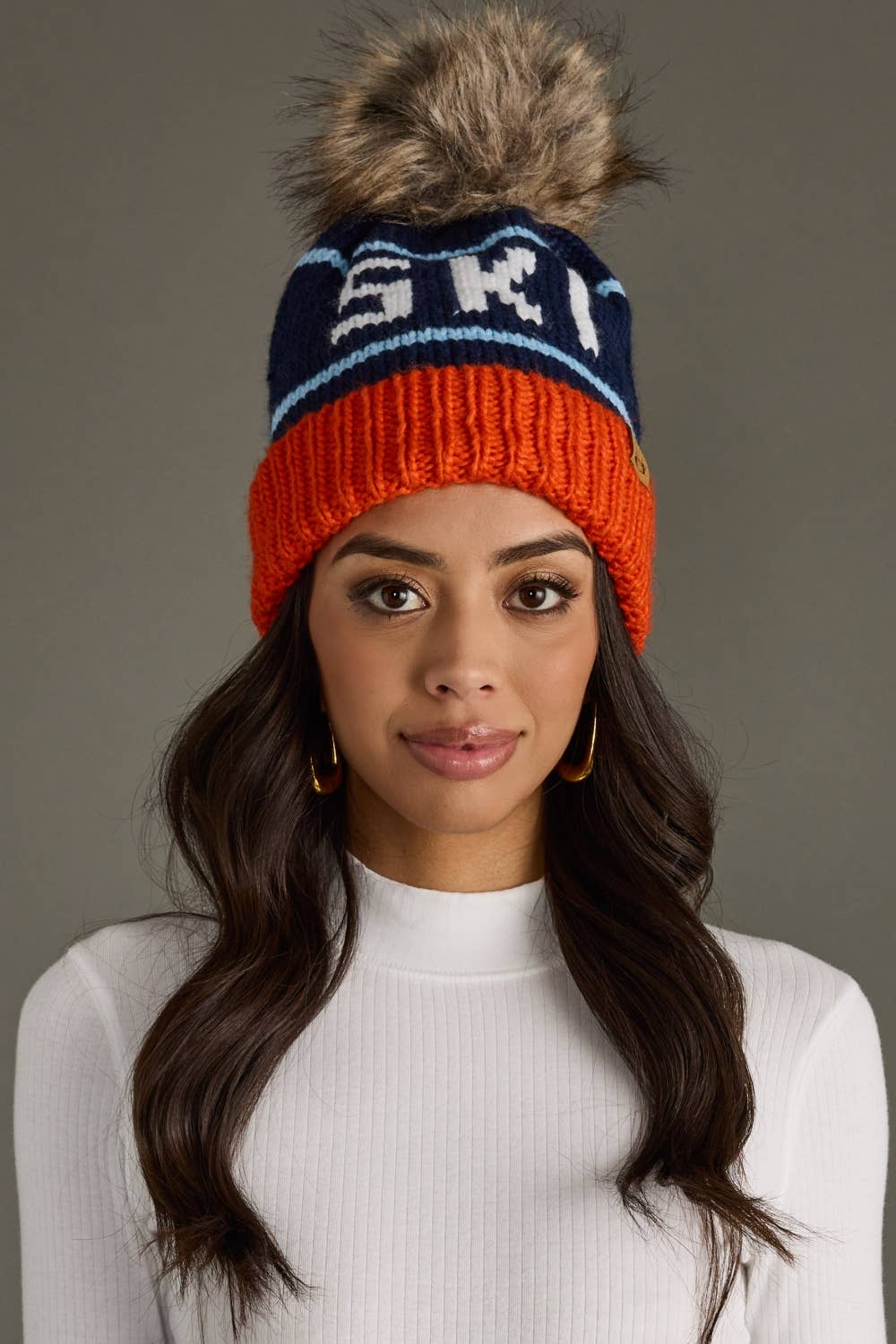 Orange, Navy & Lt. Blue Ski Pom Hat