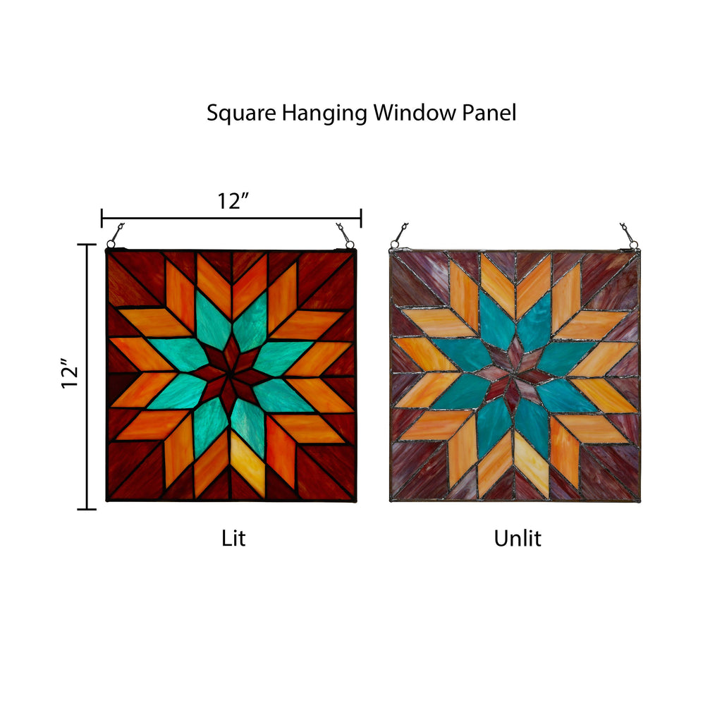 Red & Teal Quilt Square Stained Glass Window Panel