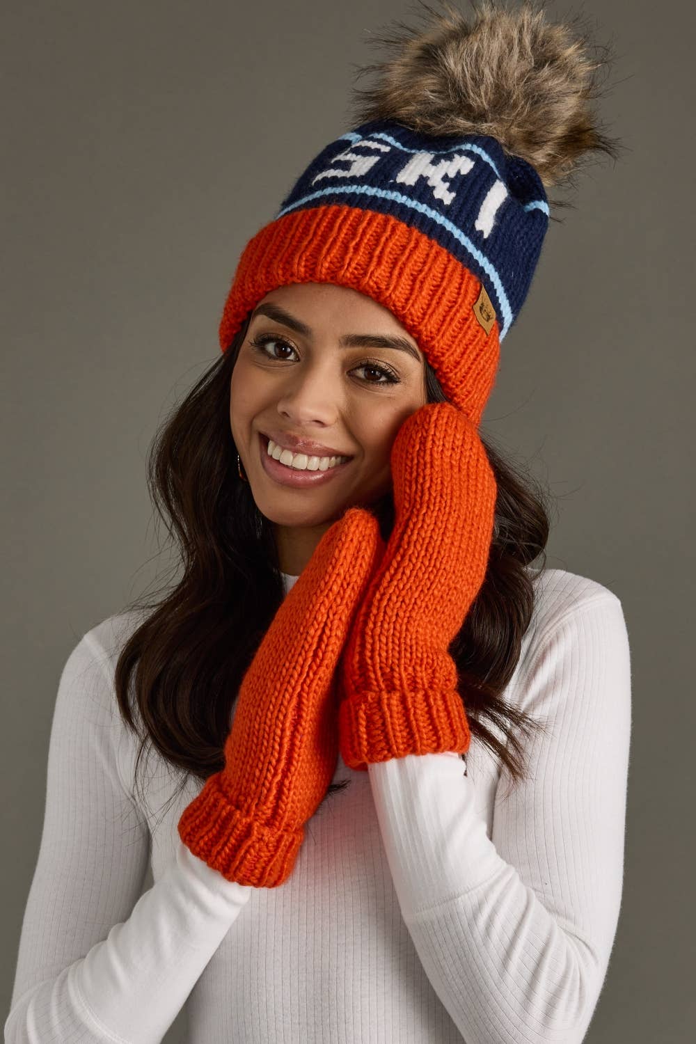 Orange, Navy & Lt. Blue Ski Pom Hat