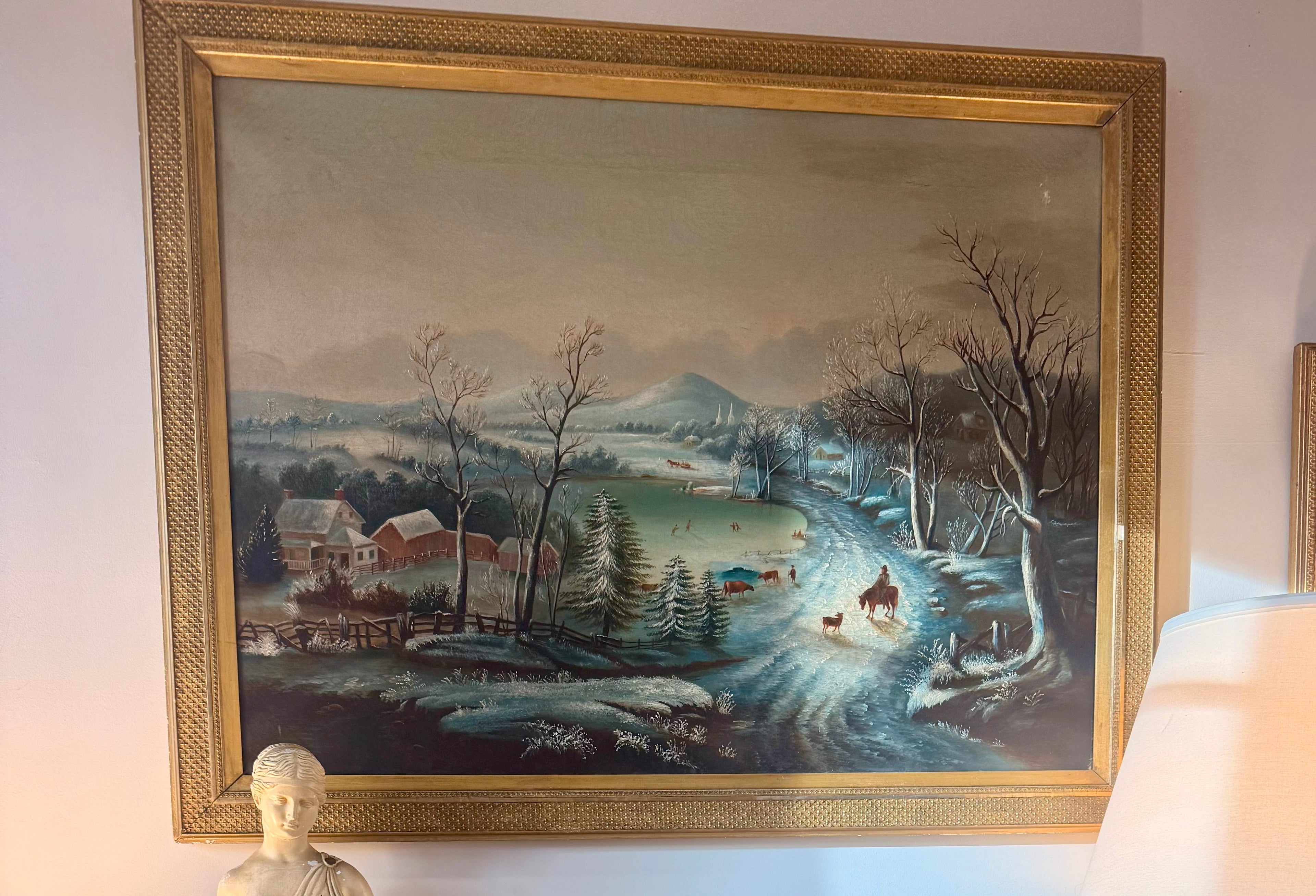 Antique American School Winter Landscape Painting