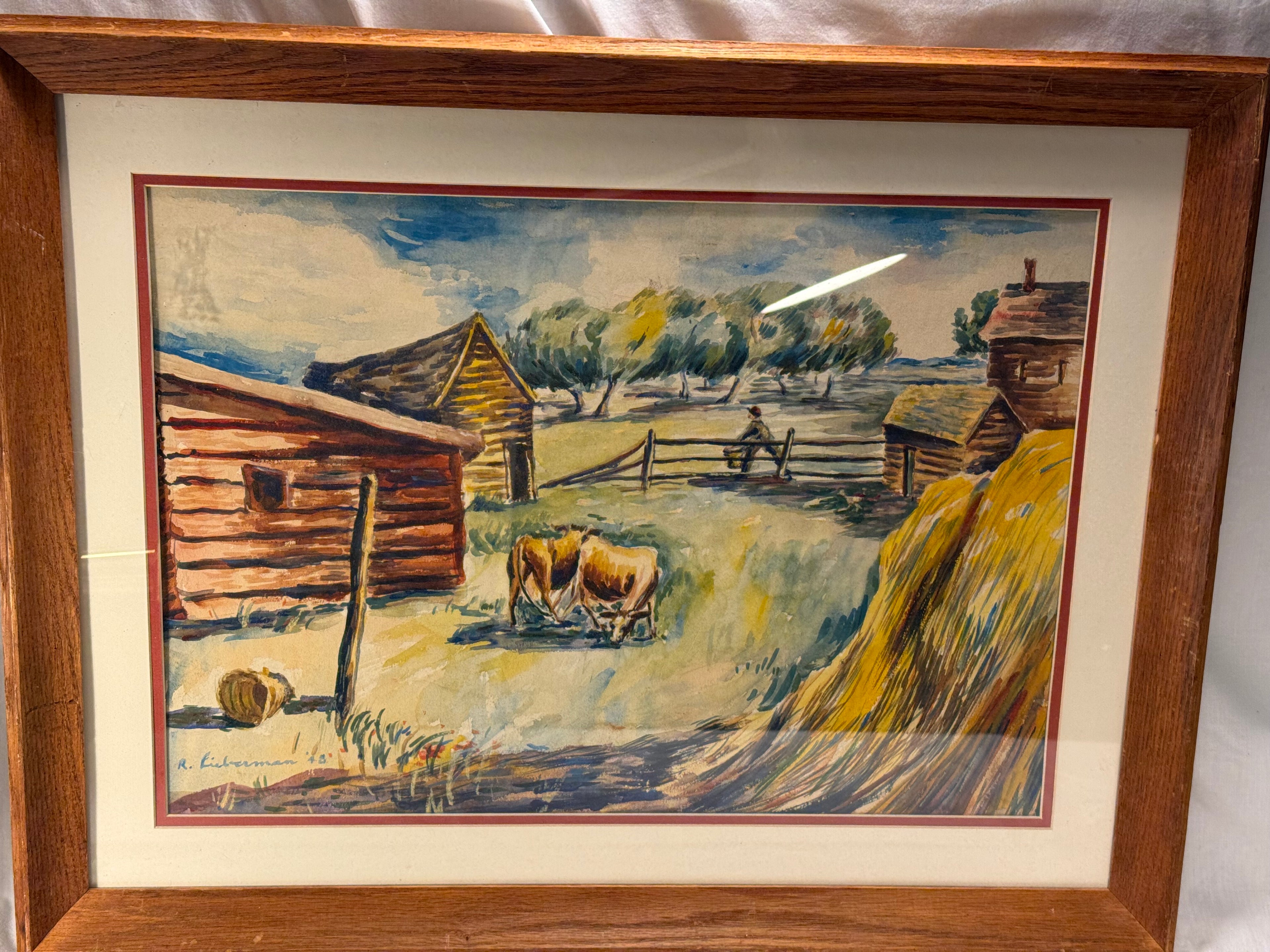 Watercolor Rural Farm Scene, signed