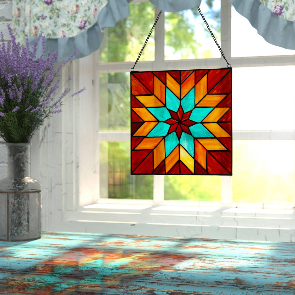 Red & Teal Quilt Square Stained Glass Window Panel