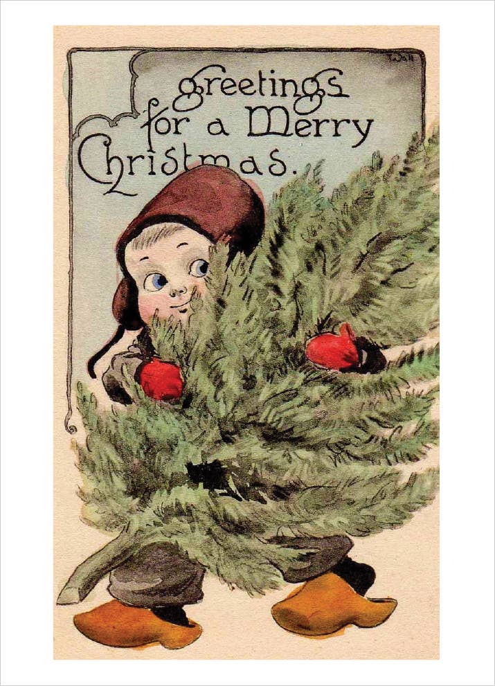 Little Boy Carrying Christmas Tree - Christmas Cards