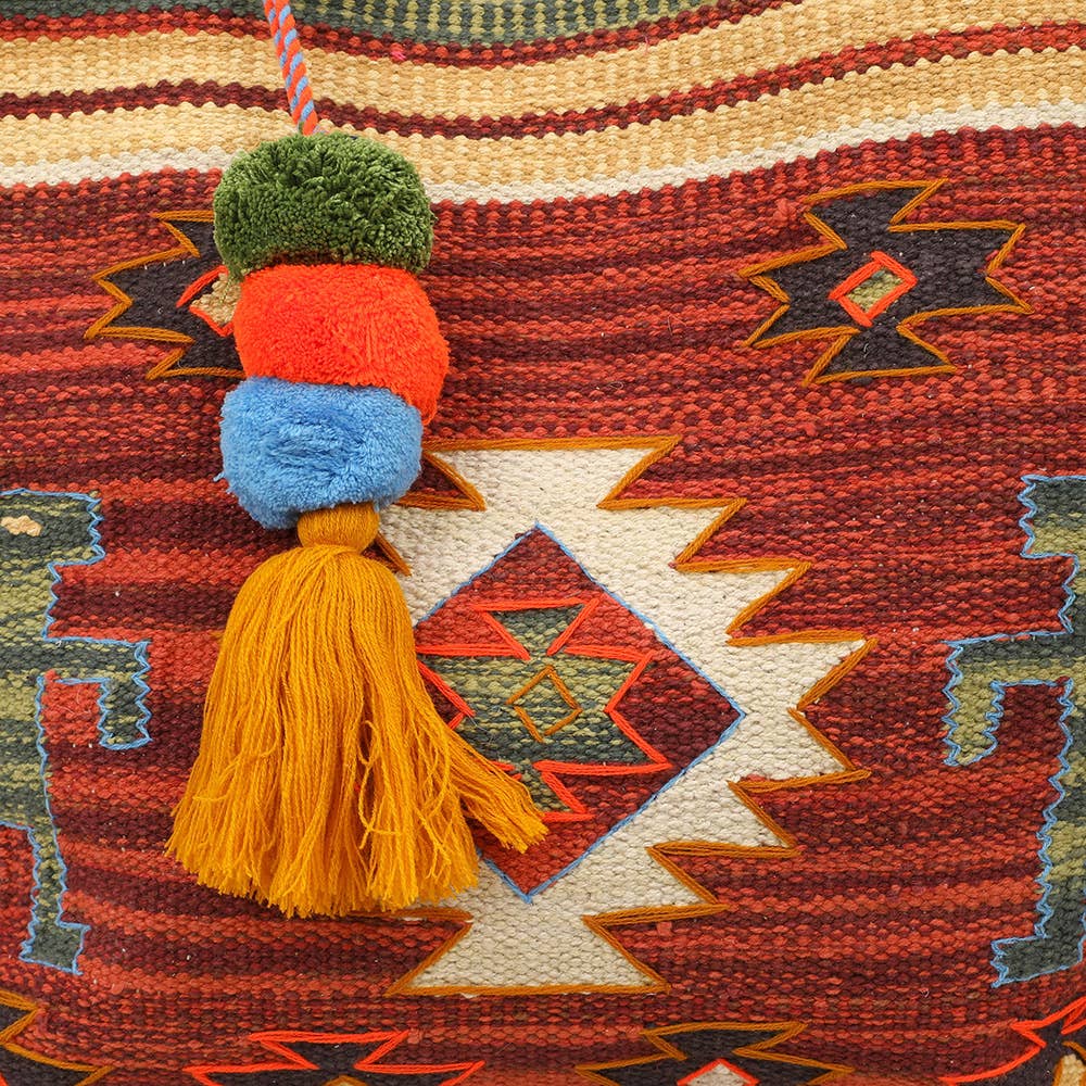 Boho Patterned Pom Pom Tassel Shoulder Bag
