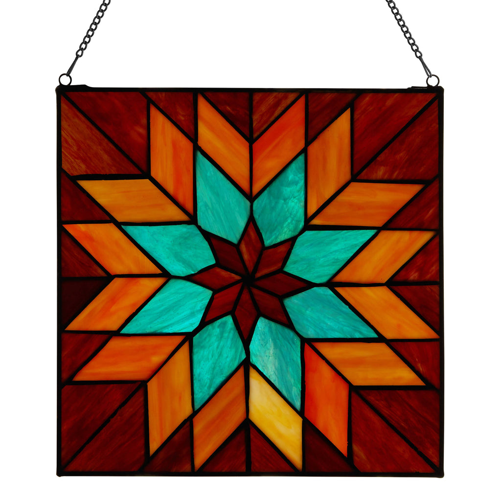 Red & Teal Quilt Square Stained Glass Window Panel
