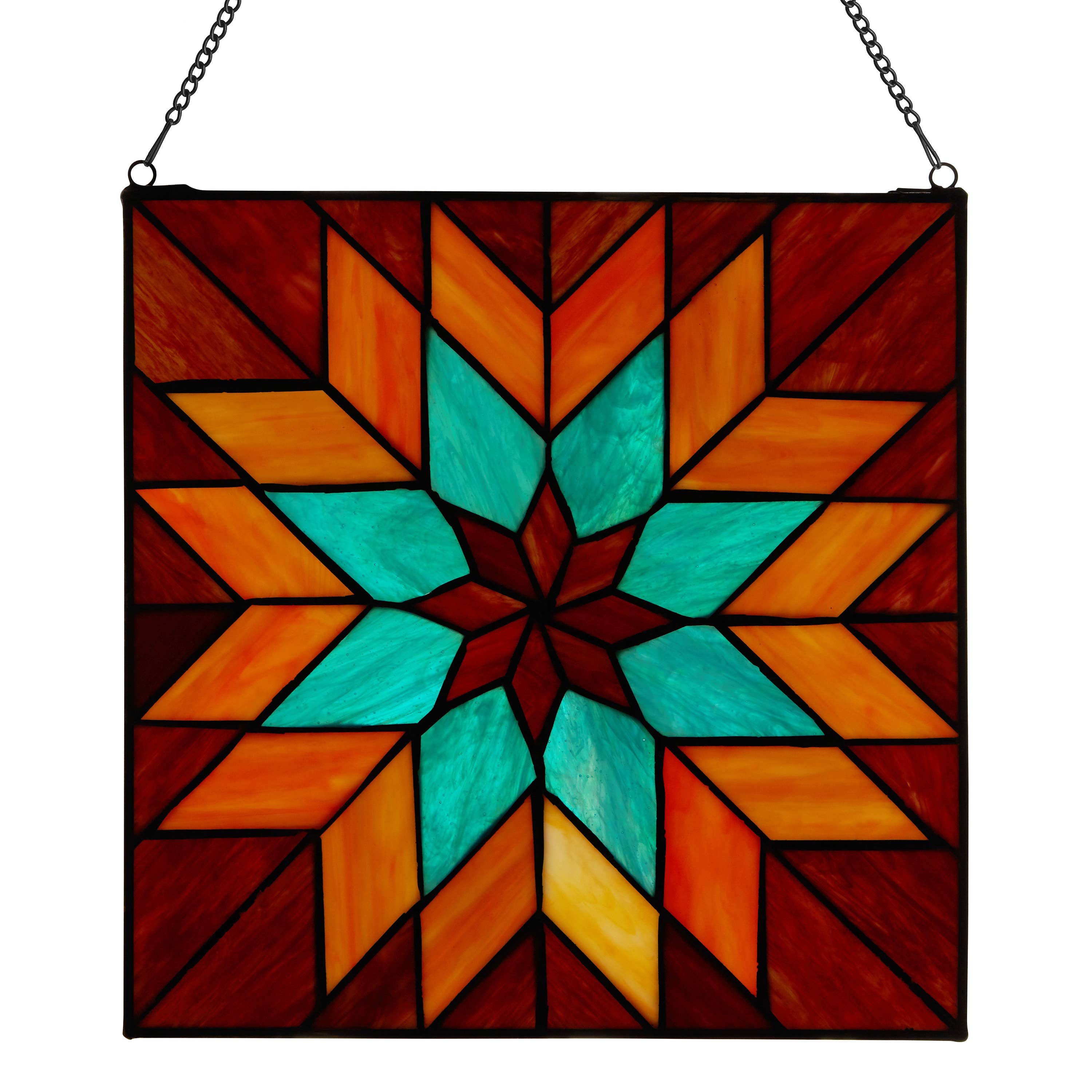 Red & Teal Quilt Square Stained Glass Window Panel
