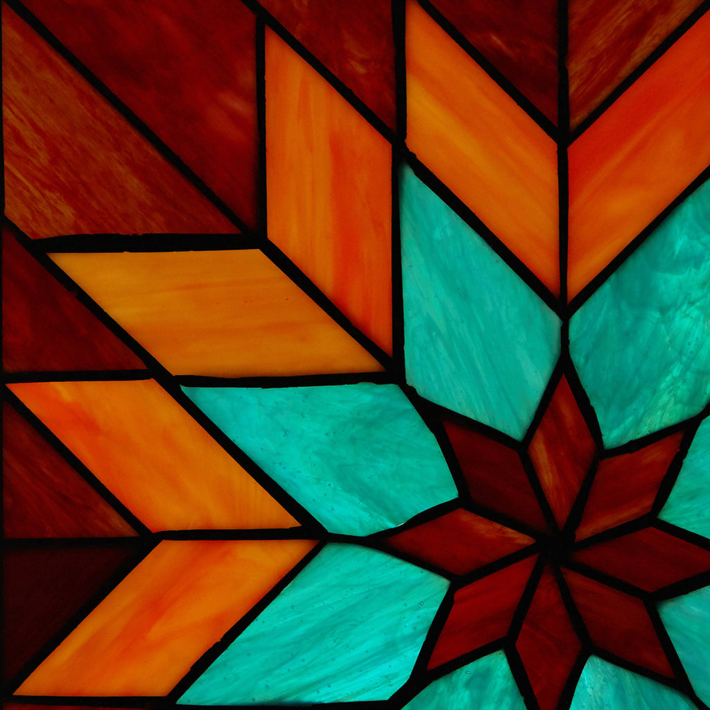 Red & Teal Quilt Square Stained Glass Window Panel