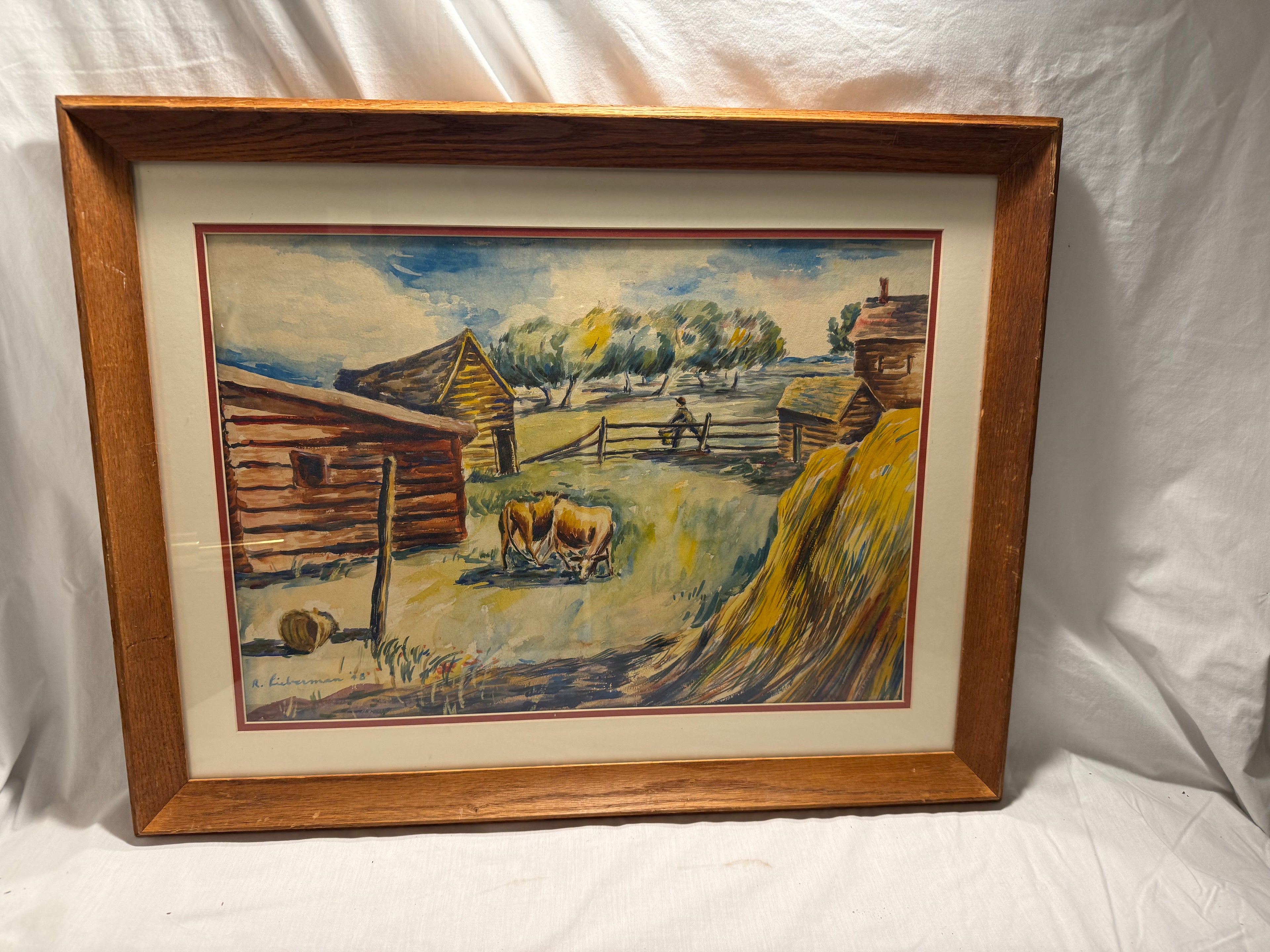 Watercolor Rural Farm Scene, signed