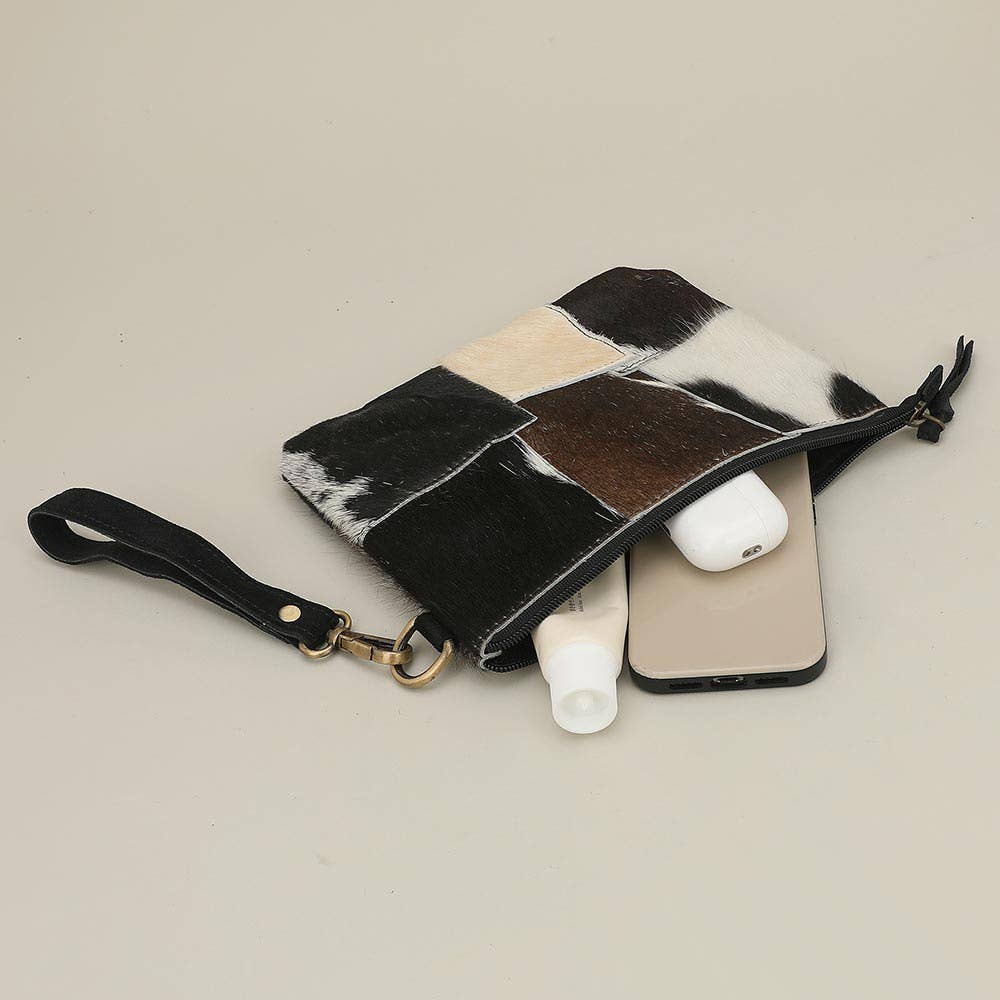 Genuine Leather Cowhide Calf Fur Patchwork Wristlet Pouch Clutch Bag