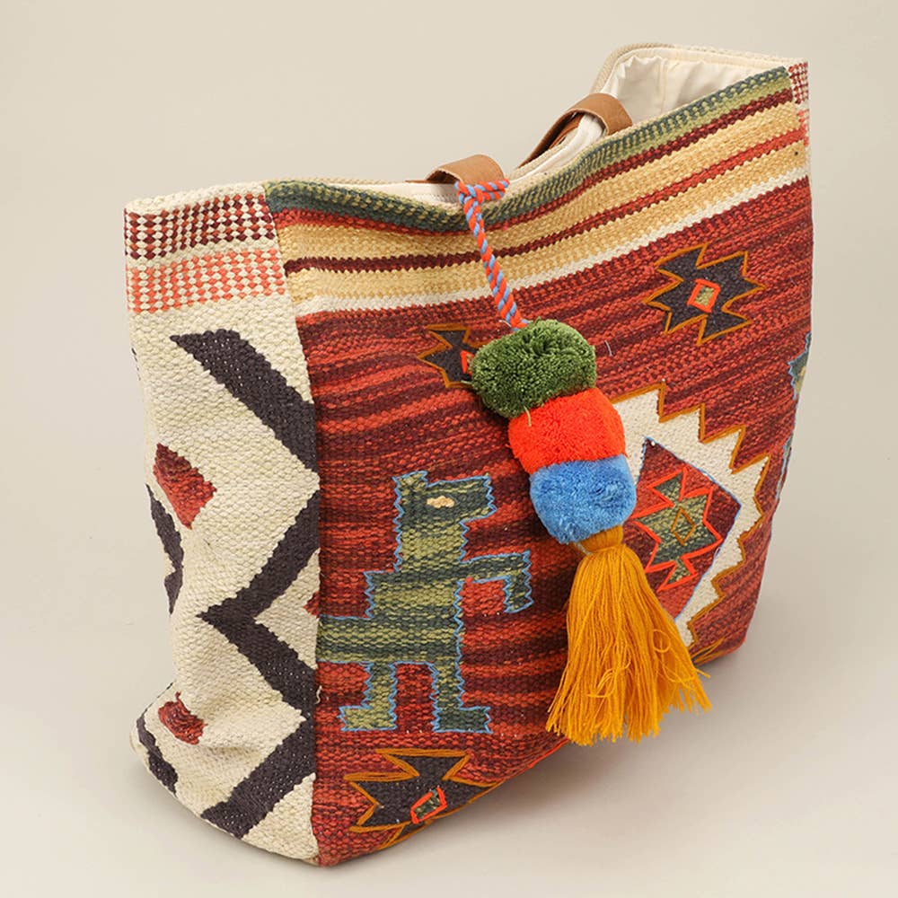Boho Patterned Pom Pom Tassel Shoulder Bag