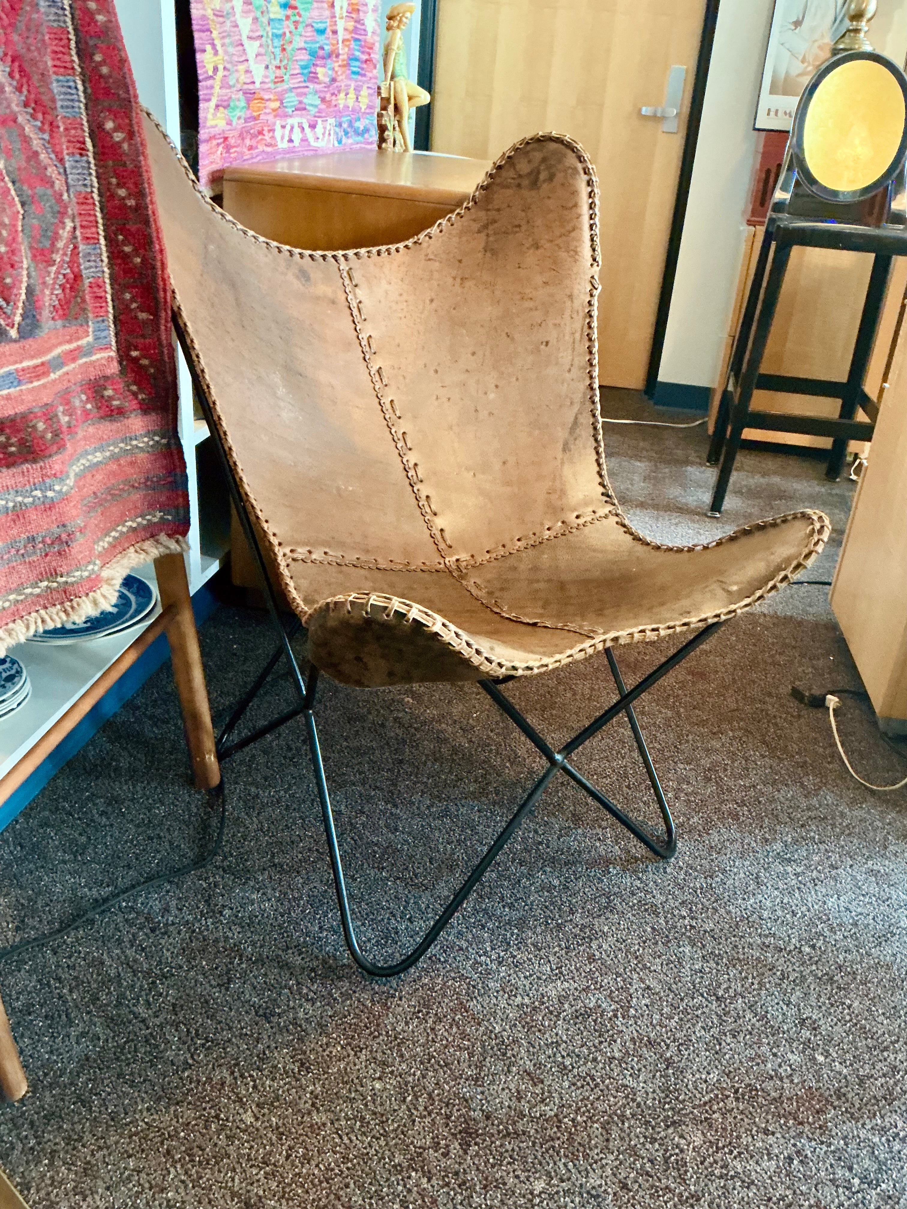Leather Butterfly Chair - Hand-Stitched Sling on Iron Frame