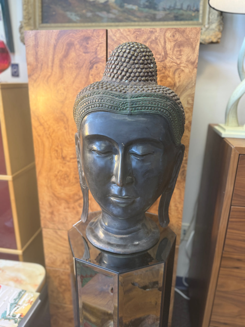 Cast Bronze Buddha Head Sculpture
