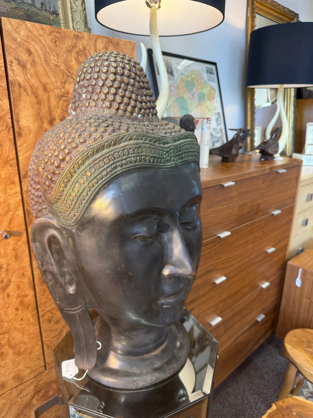 Cast Bronze Buddha Head Sculpture detail