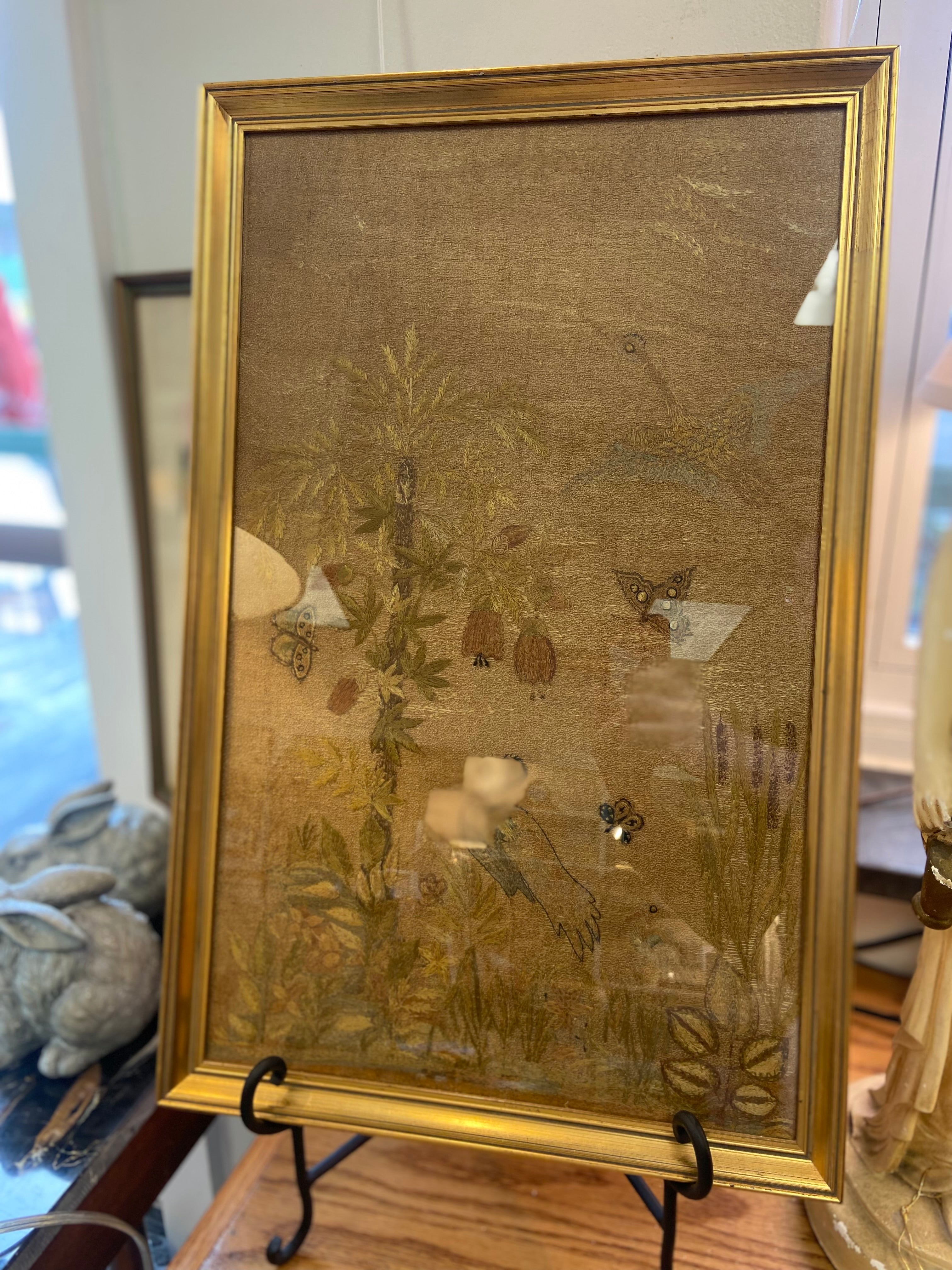 Vintage Silk-Embroidered Nature Scene Panel
