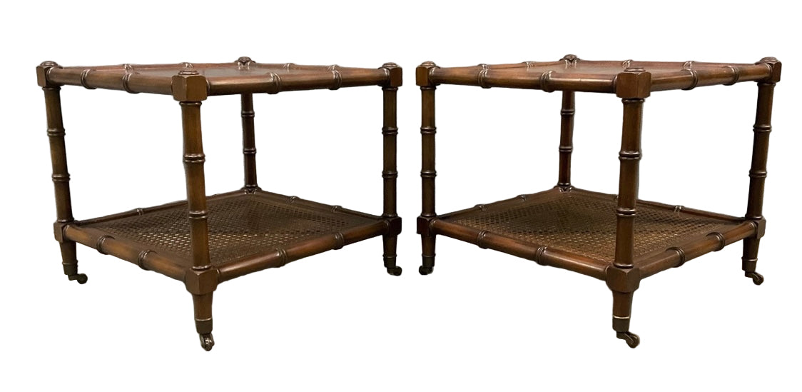 Mid Century Two-Tier Faux Bamboo Side Table on Wheels (Pair)