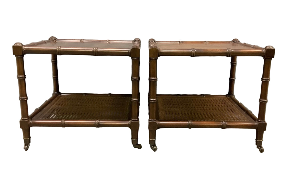 Mid Century Two-Tier Faux Bamboo Side Table on Wheels (Pair)