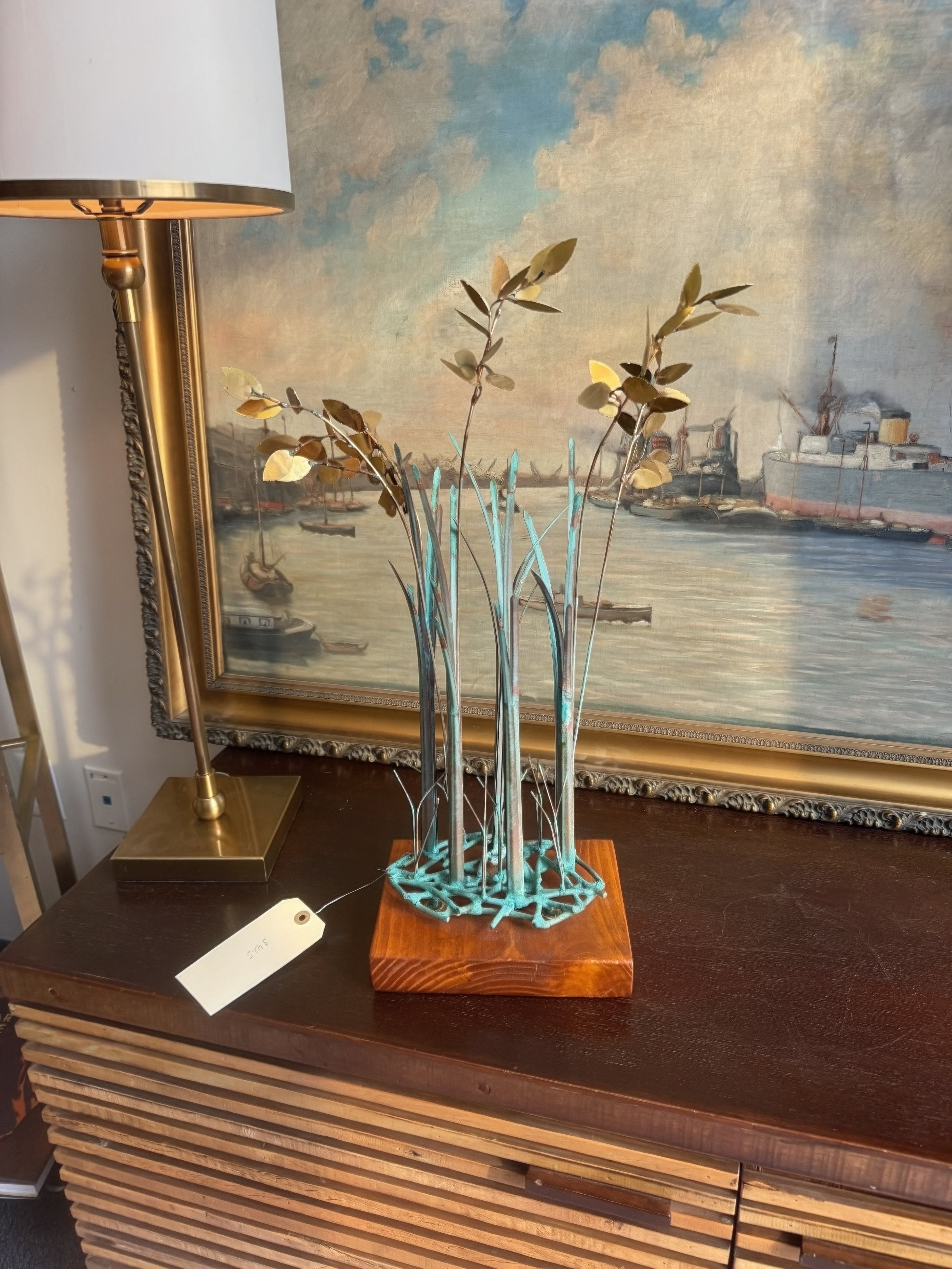 Mid-Century Brass & Verdigris Cattail Sculpture