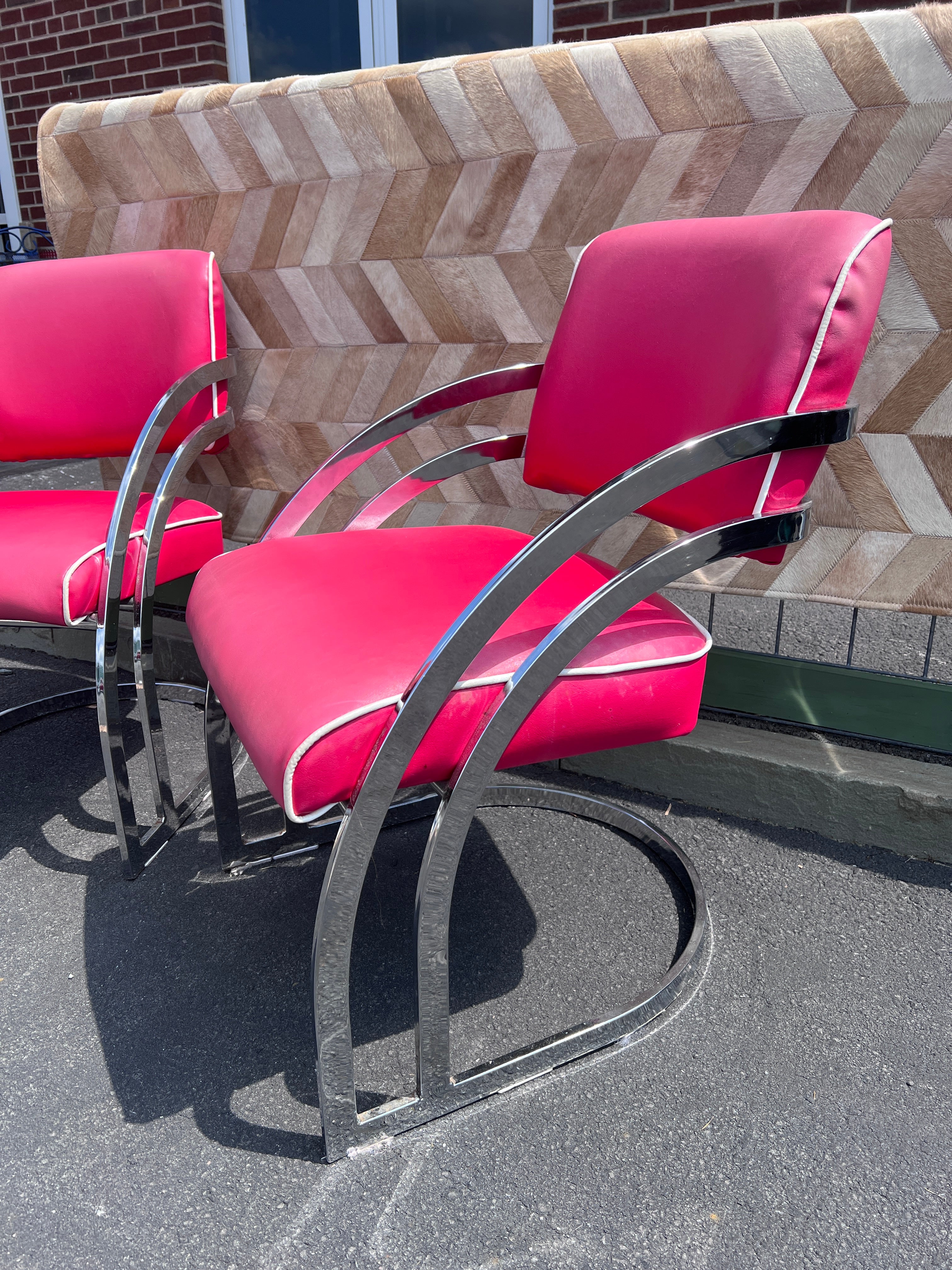 Pair of Streamline Art Deco Cantilever Armchairs - Chrome and Red Vinyl