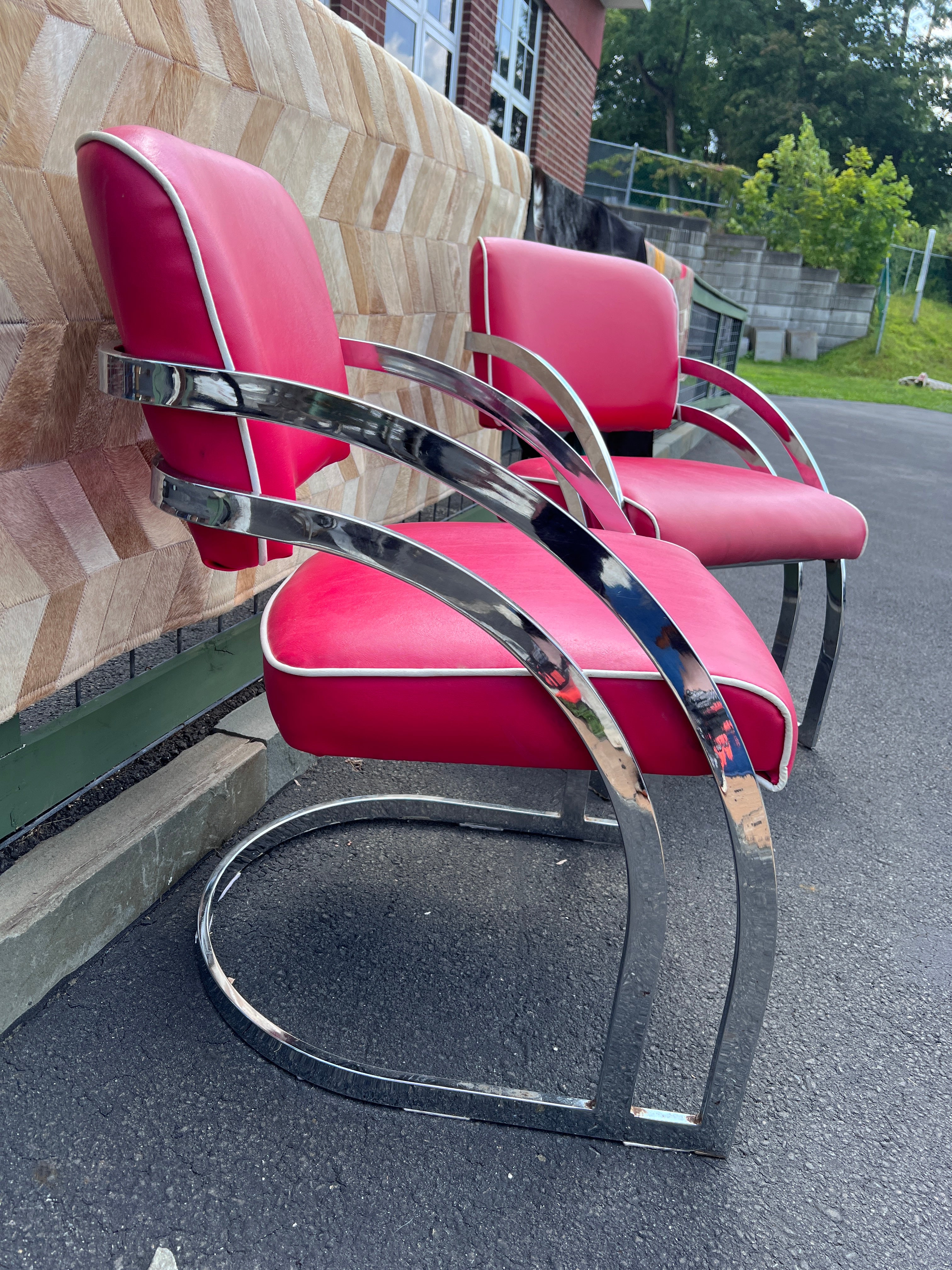Pair of Streamline Art Deco Cantilever Armchairs - Chrome and Red Vinyl