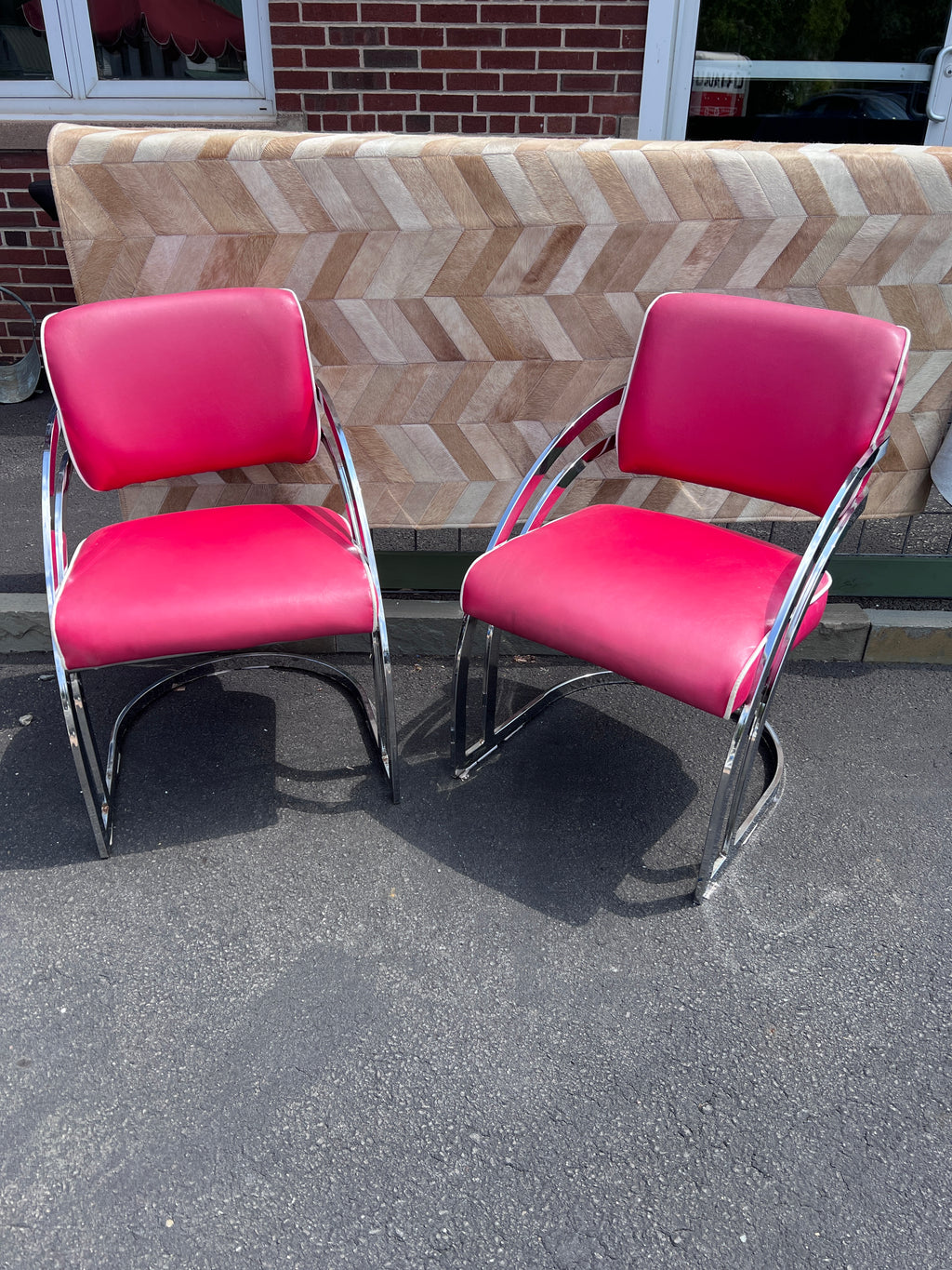 Pair of Streamline Art Deco Cantilever Armchairs - Chrome and Red Vinyl