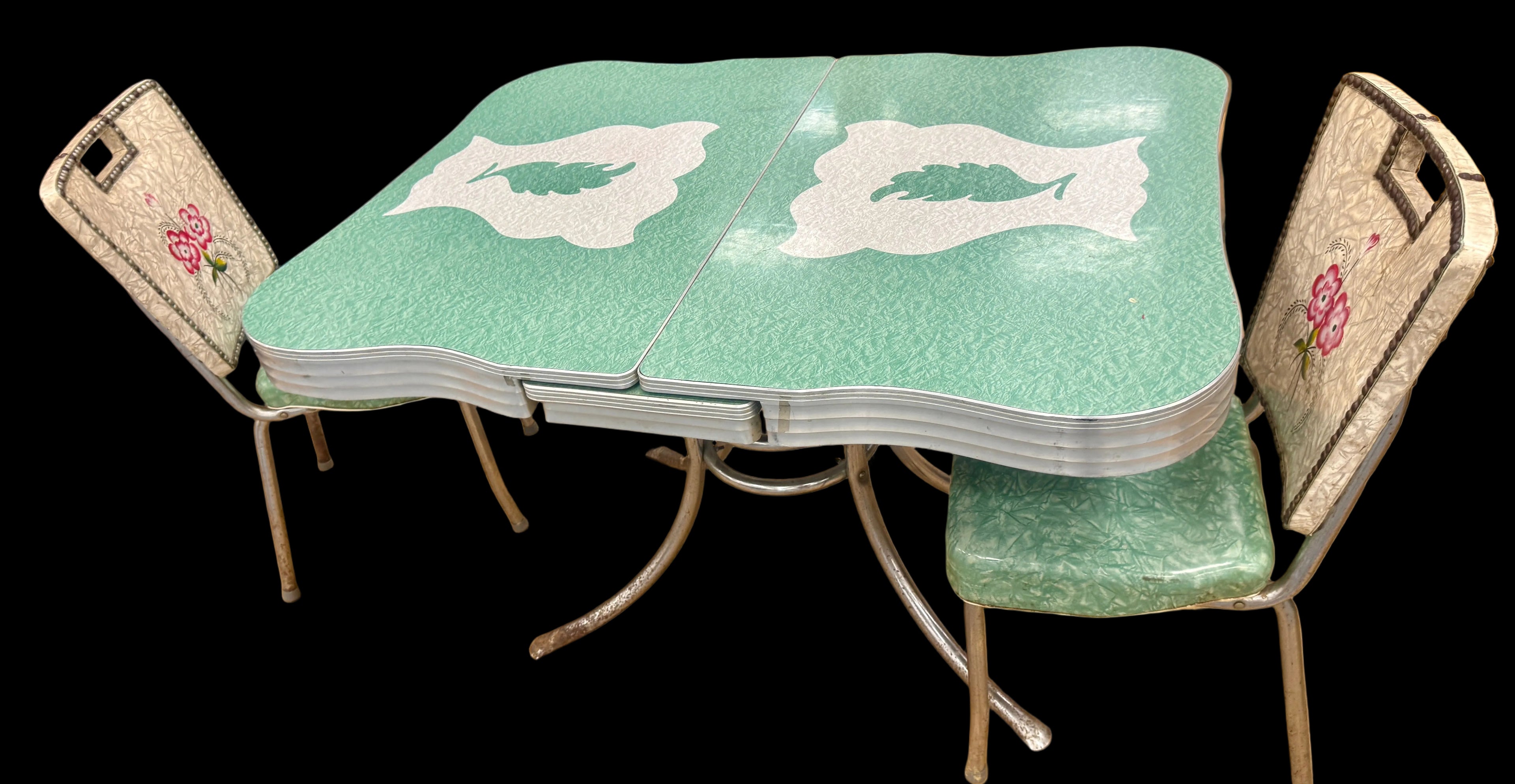Vintage Formica Aqua Dinette Set with Floral Chairs