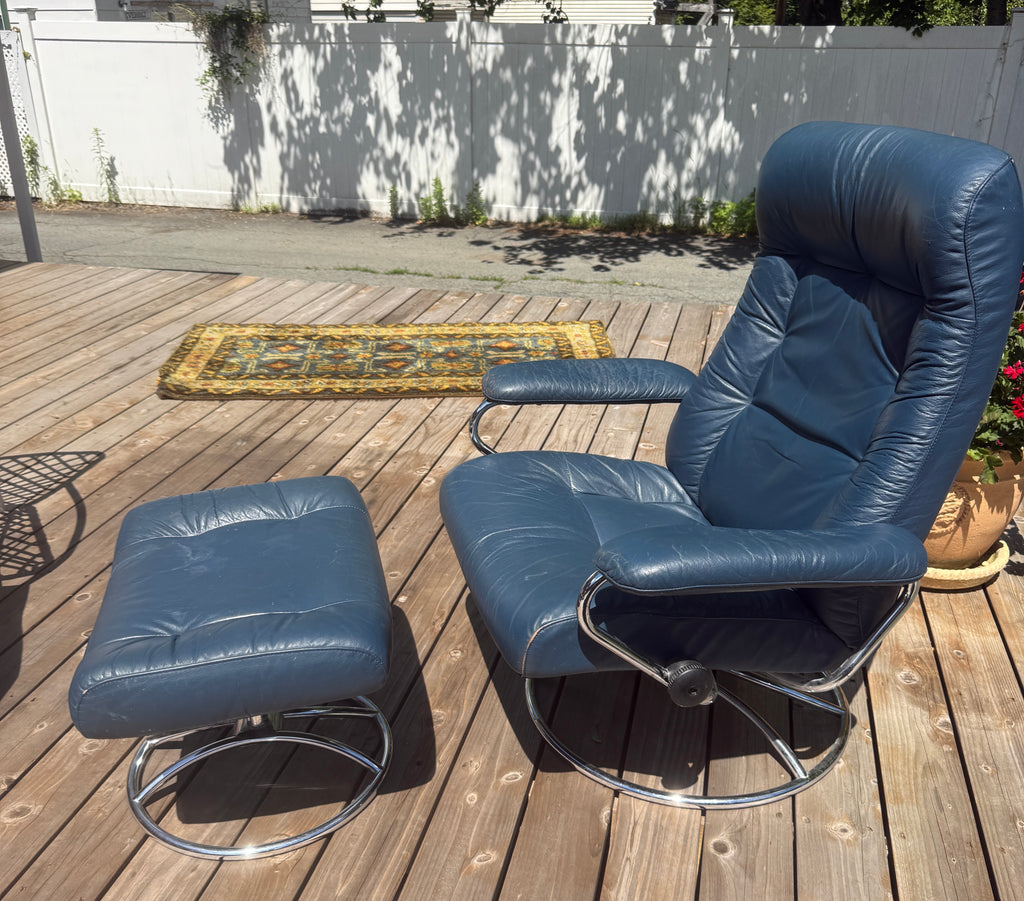 Ekornes Stressless Reclining Lounge Chair & Ottoman, Blue Leather and Chrome