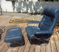 Ekornes Stressless Reclining Lounge Chair & Ottoman, Blue Leather and Chrome