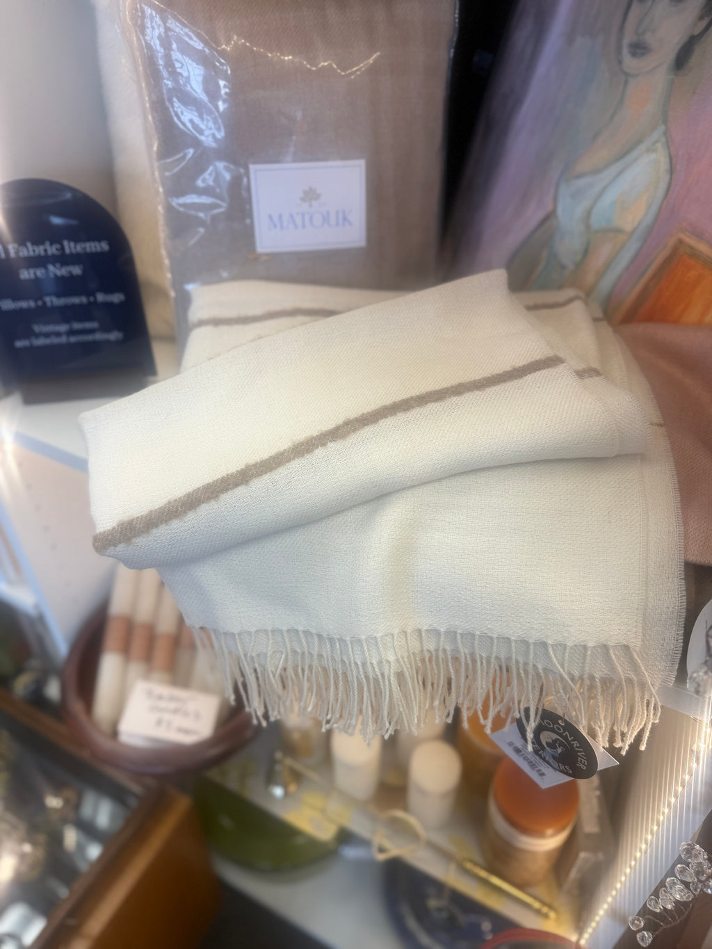 Matouk Baby Alpaca Blanket (Cream & Tan Stripe)