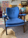 Danish Style Wingback Lounge Chair Blue Wool