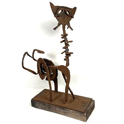 Brutalist Welded Iron Cat Sculpture
