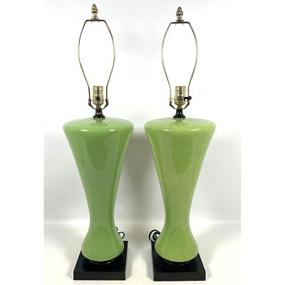 Pair Mid Century Modern Green Ceramic Table Lamps