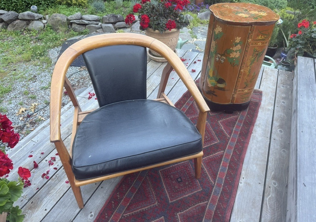 Mid-century barrel back lounge chair, bentwood frame with black upholstery