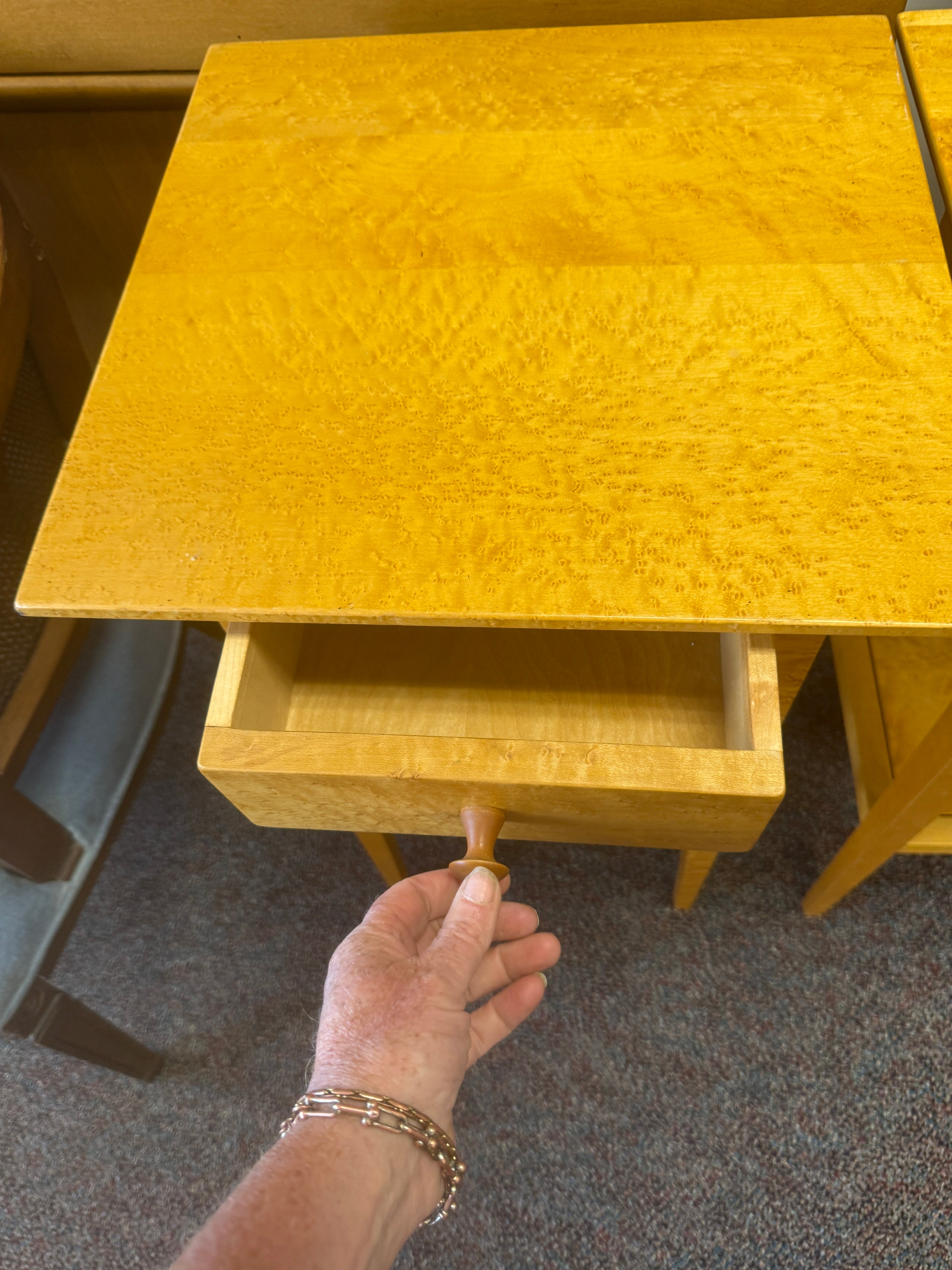 Pair Studio Shaker-Style Figured Maple Side Tables drawer
