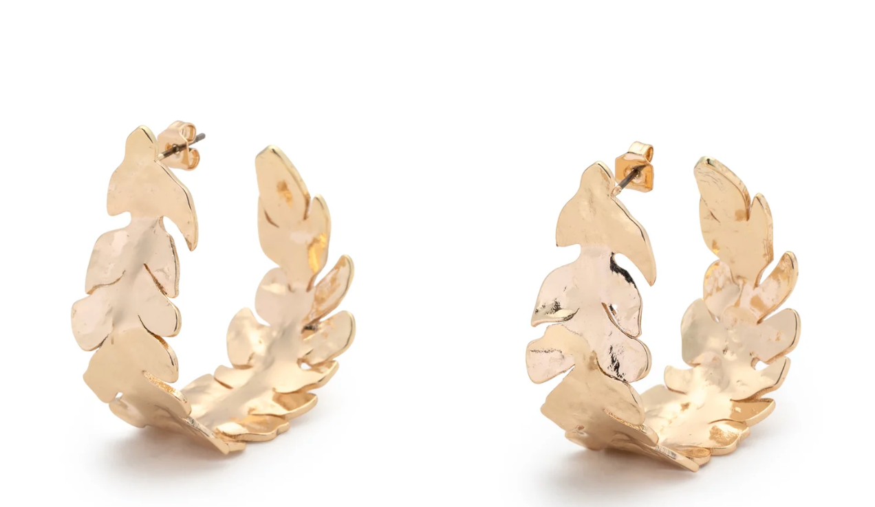 Avrey Hammered Gold Hoop Earring with Leaf Detail