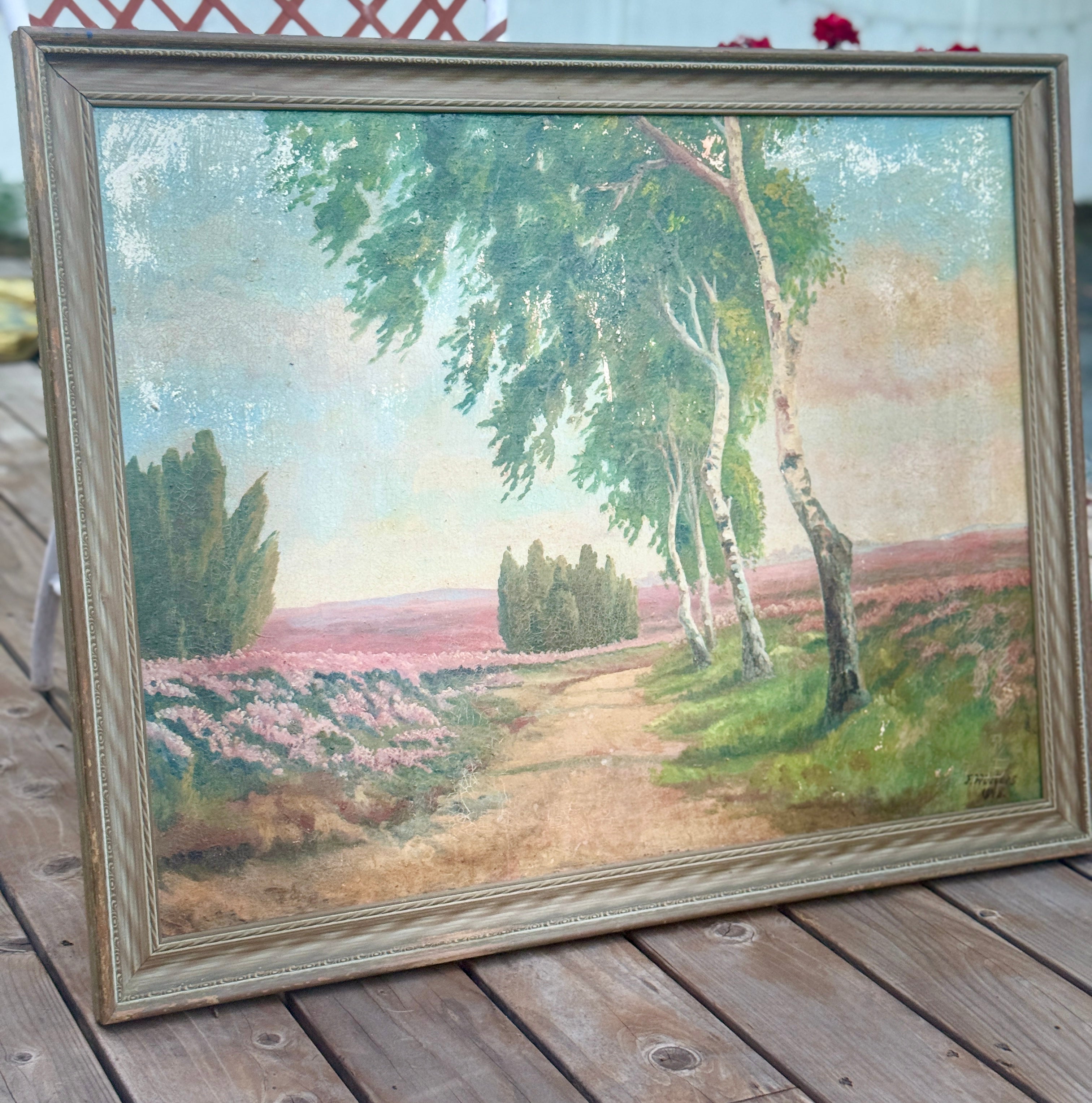 Silver Birches in Heather Field, Signed Oil on Canvas, 1946
