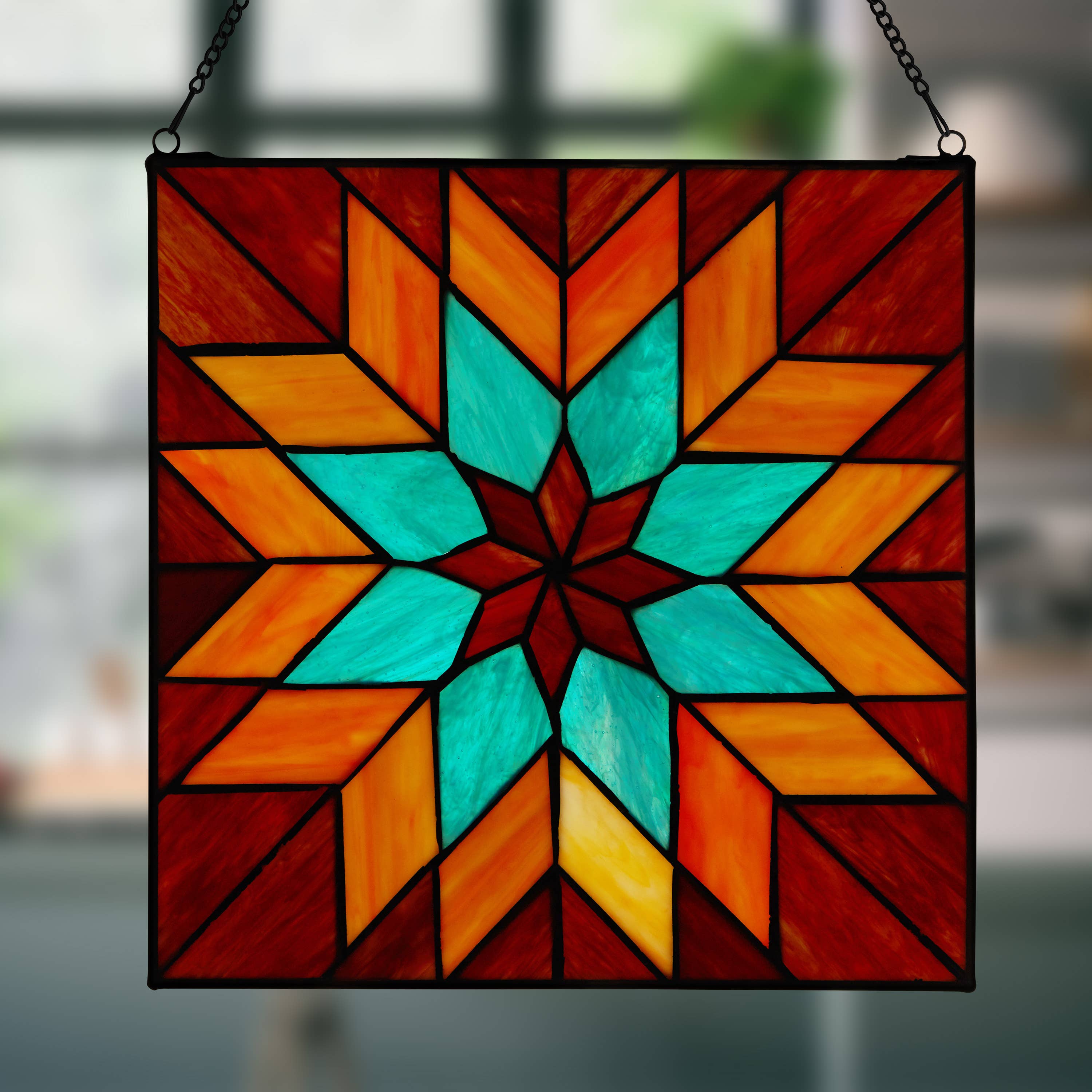 Red & Teal Quilt Square Stained Glass Window Panel