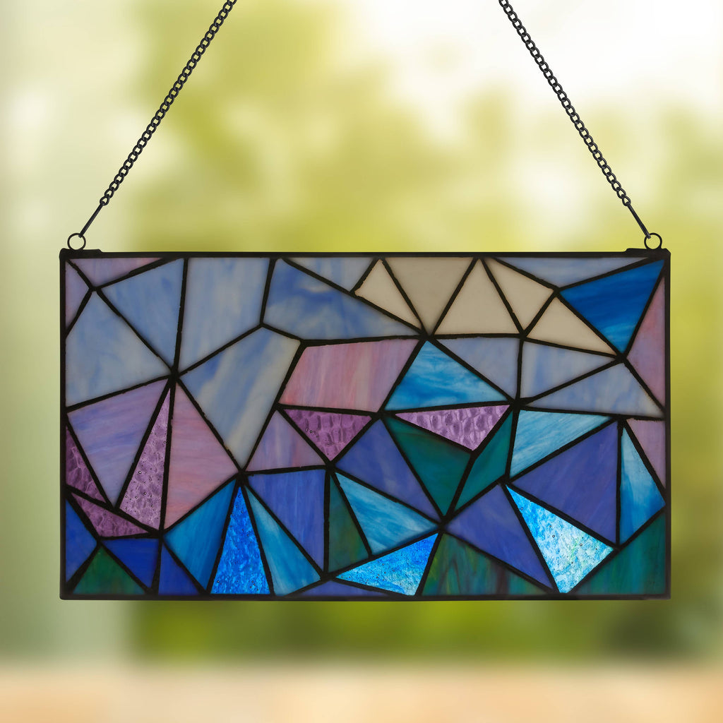 14"L Geometric Abstract Blue Stained Glass Window Panel